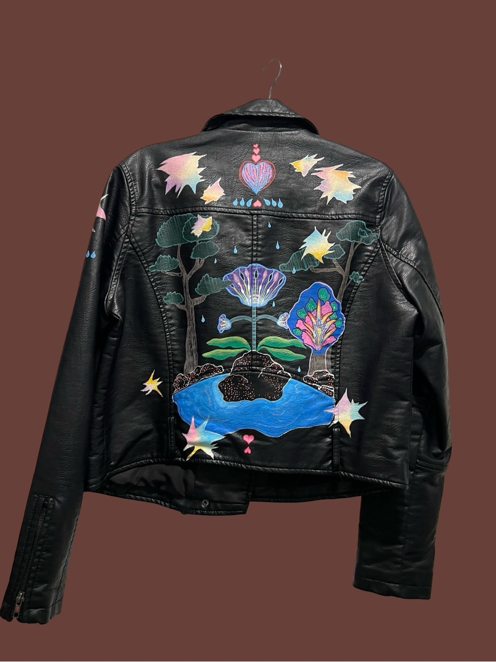 Hand-Painted Black Faux Leather Jacket with Colorful Nature Mural